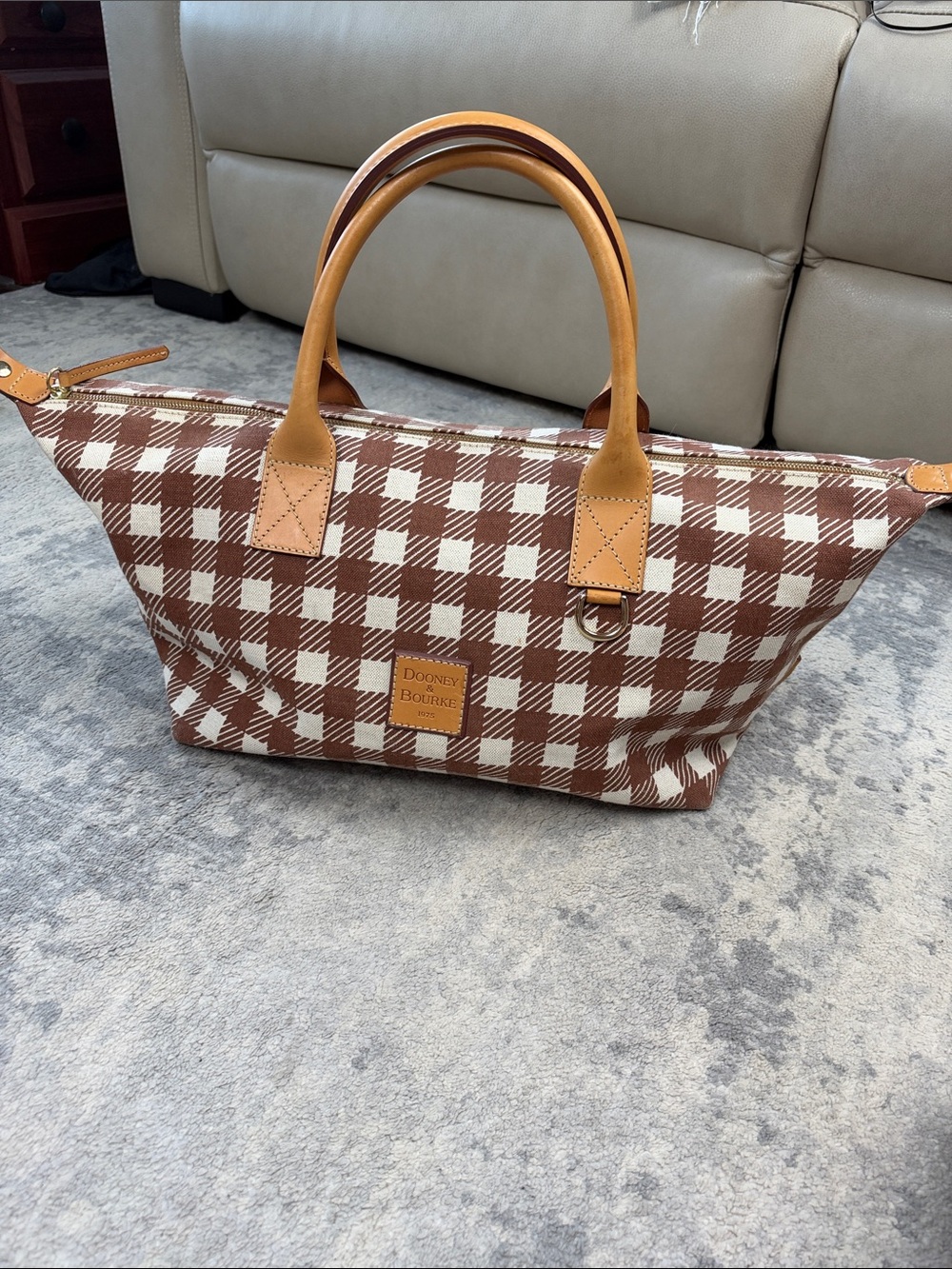 Dooney & Bourke Canvas Weekender Bag Gingham Tan Brown White